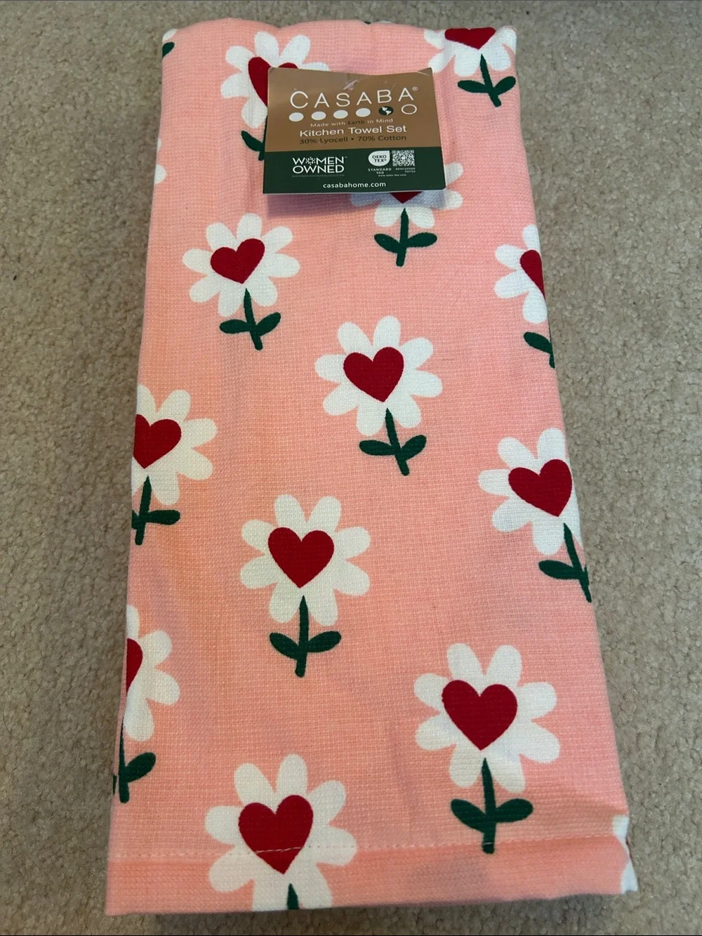 Saba Pink Daisy Heart Kitchen Towel Set